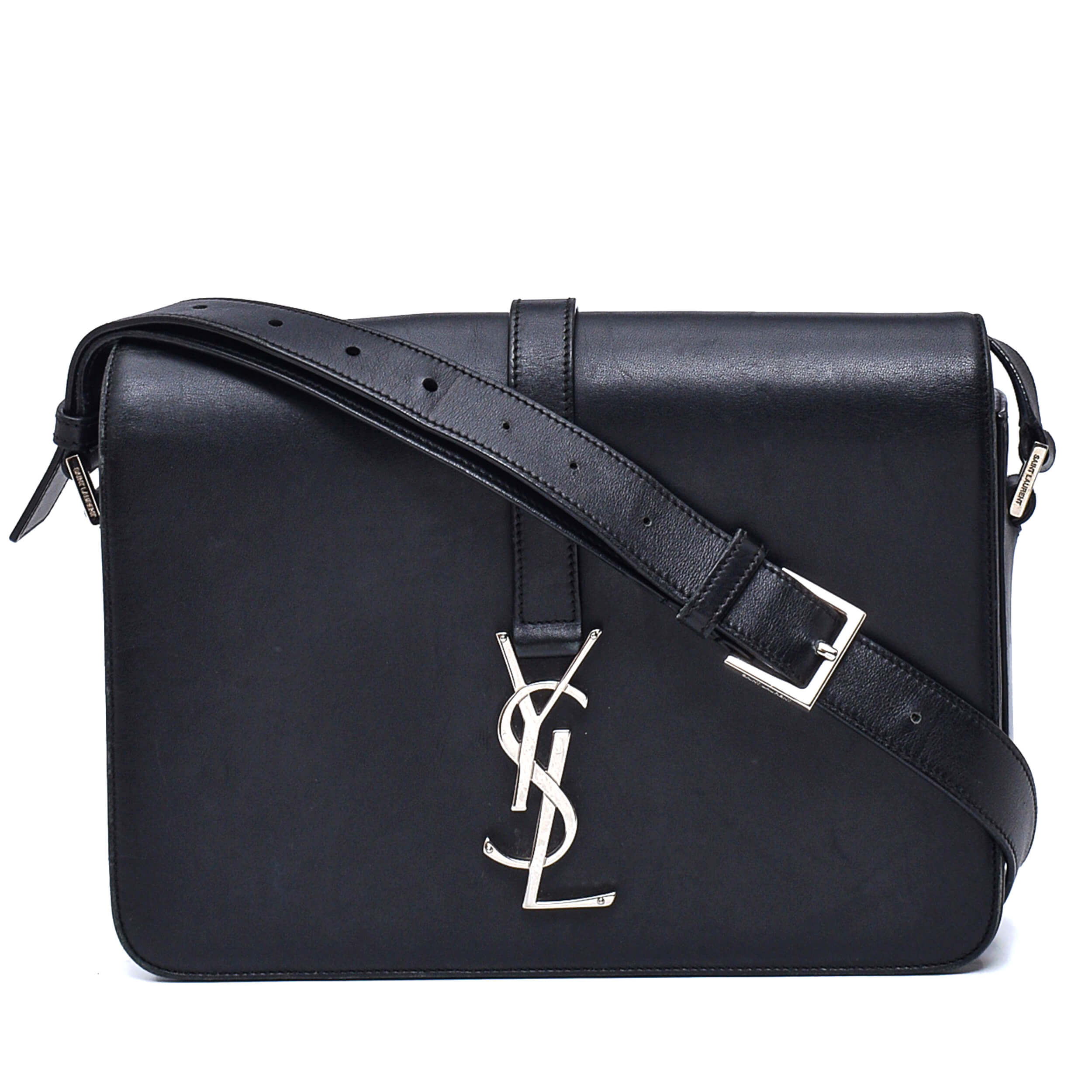 Yves Saint Laurent-Black Leather Monogram Universite Flap Shoulder Bag 